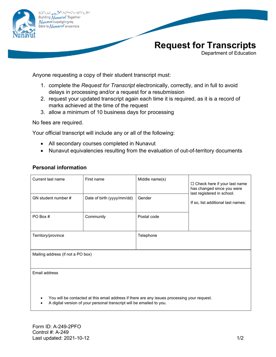 Form A-249-2PFO - Fill Out, Sign Online and Download Fillable PDF ...