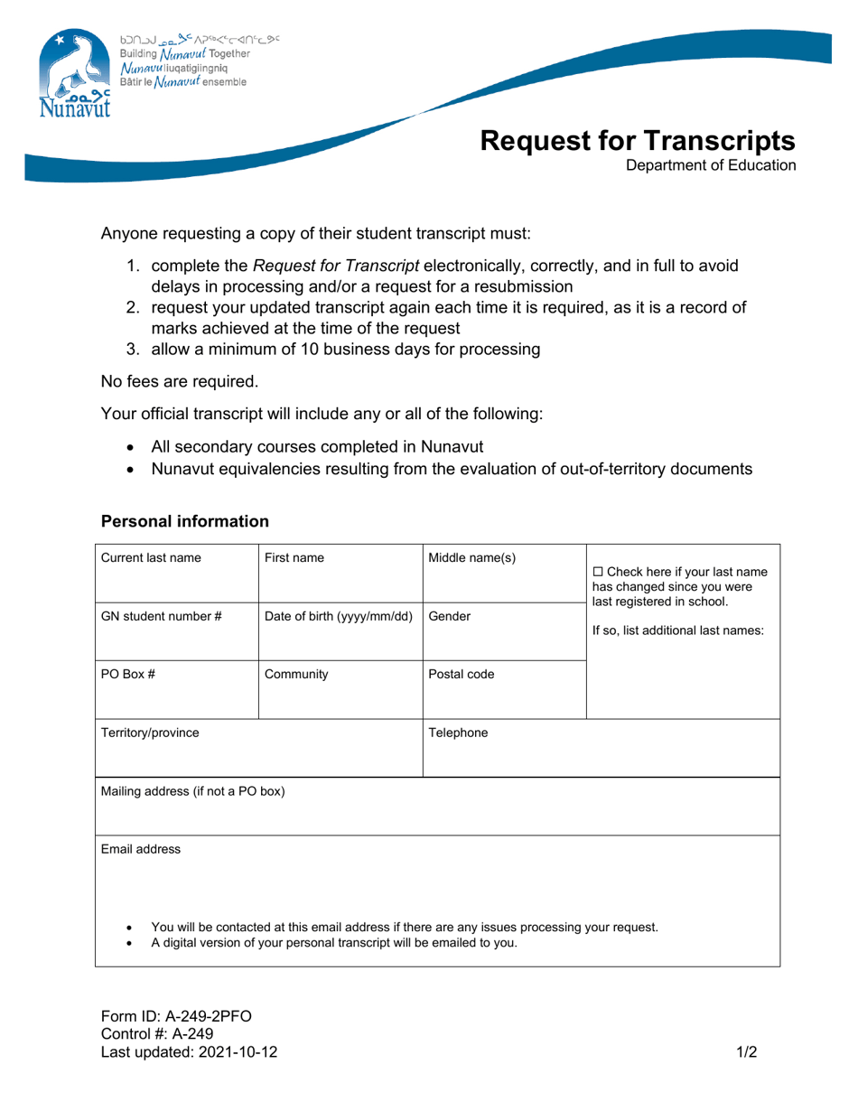 Form A-249-2PFO Request for Transcripts - Nunavut, Canada, Page 1