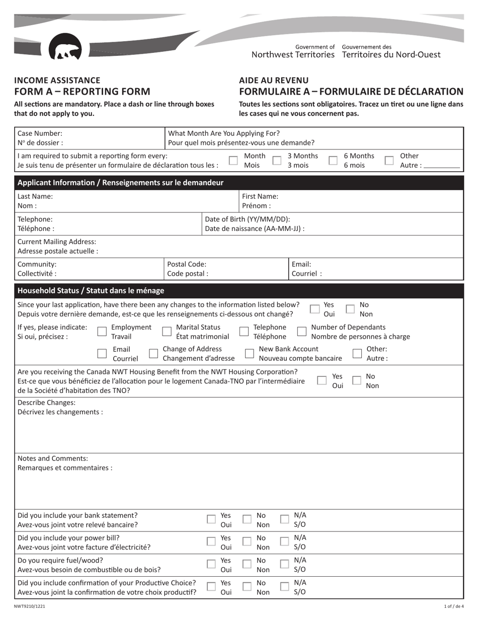 Form A (NWT9210) Reporting Form - Northwest Territories, Canada (English / French), Page 1
