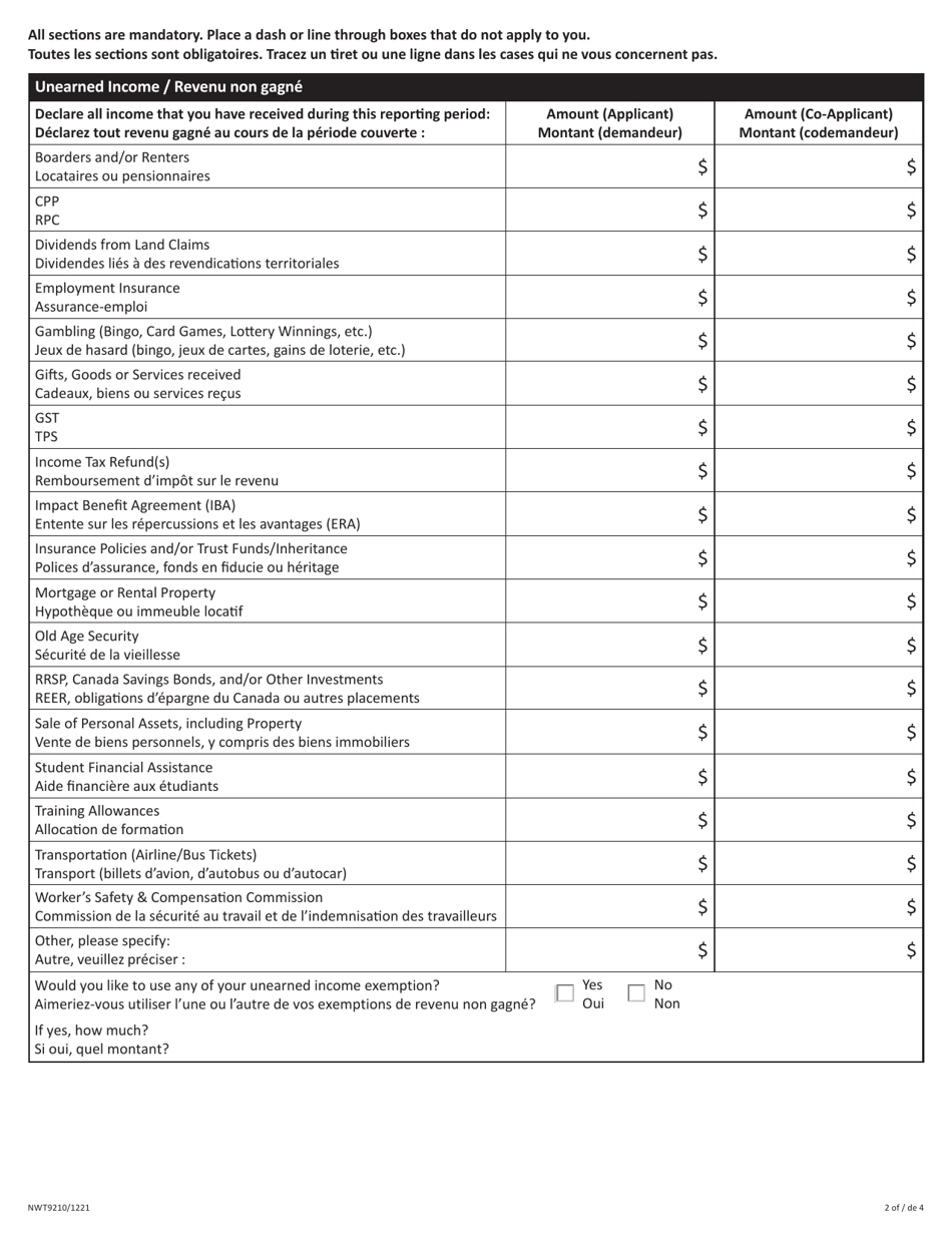 Form A (NWT9210) Reporting Form - Northwest Territories, Canada (English / French), Page 2