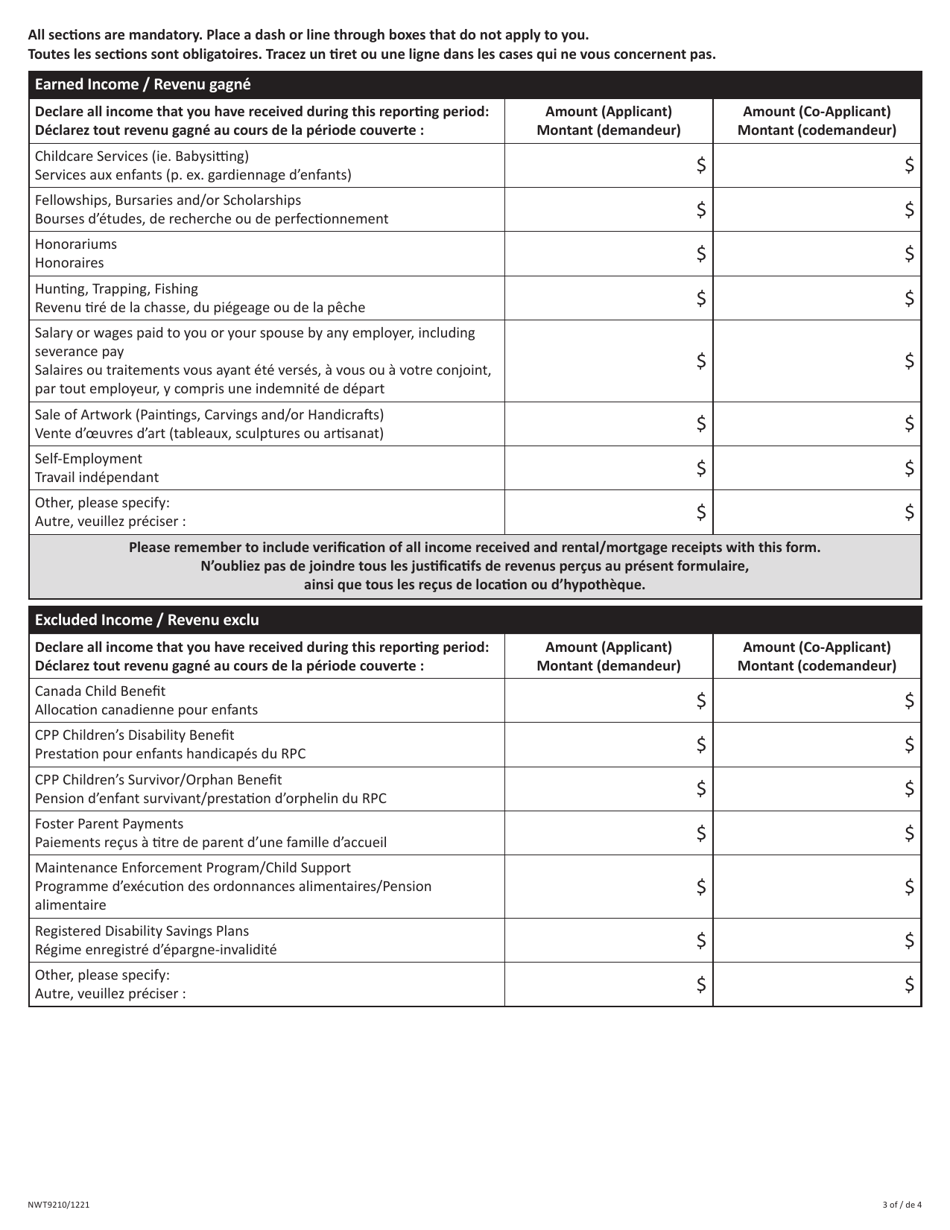 Form A (NWT9210) Reporting Form - Northwest Territories, Canada (English / French), Page 3
