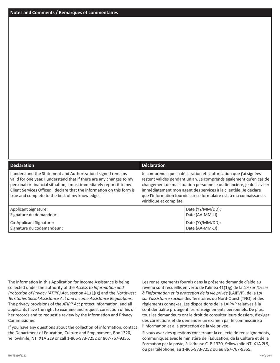Form A (NWT9210) Reporting Form - Northwest Territories, Canada (English / French), Page 4