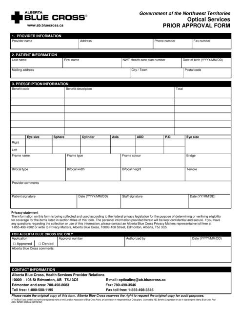 Ehb Optical Services Prior Approval Form - Northwest Territories, Canada Download Pdf