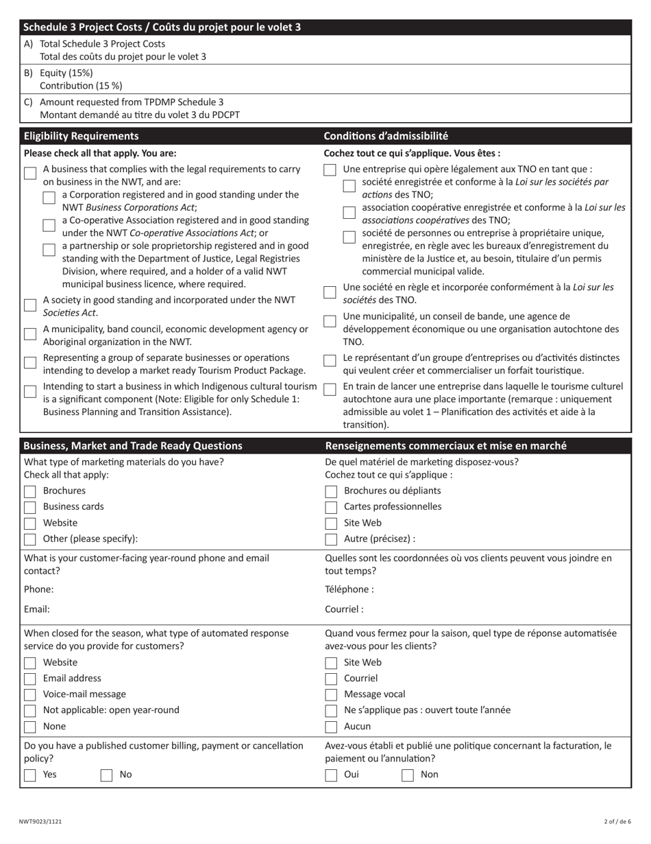 Form NWT9023 Schedule 3 Marketing Assistance for Tourism Businesses - Full Proposal - Tourism Product Diversification and Marketing Program - Northwest Territories, Canada (English / French), Page 2