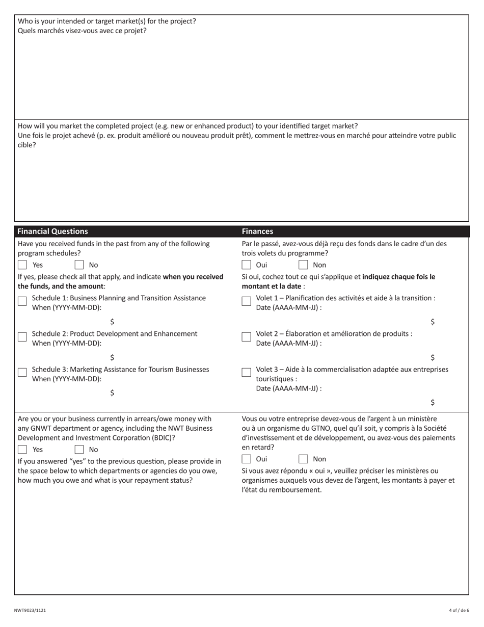 Form NWT9023 Schedule 3 Marketing Assistance for Tourism Businesses - Full Proposal - Tourism Product Diversification and Marketing Program - Northwest Territories, Canada (English / French), Page 4
