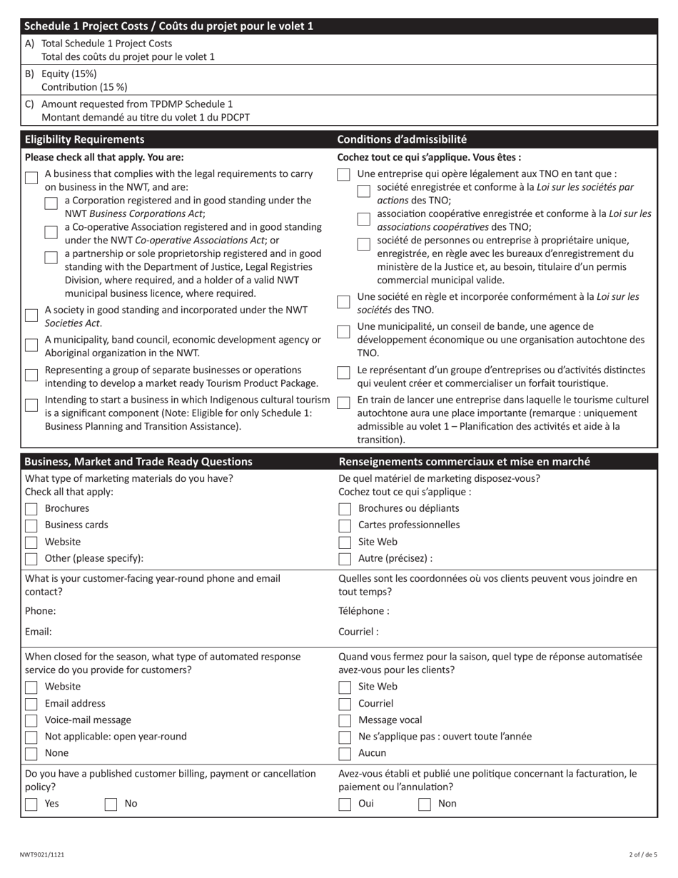 Form NWT9021 Schedule 1 Business Planning and Transition Assistance - Full Proposal - Tourism Product Diversification and Marketing Program - Northwest Territories, Canada (English / French), Page 2