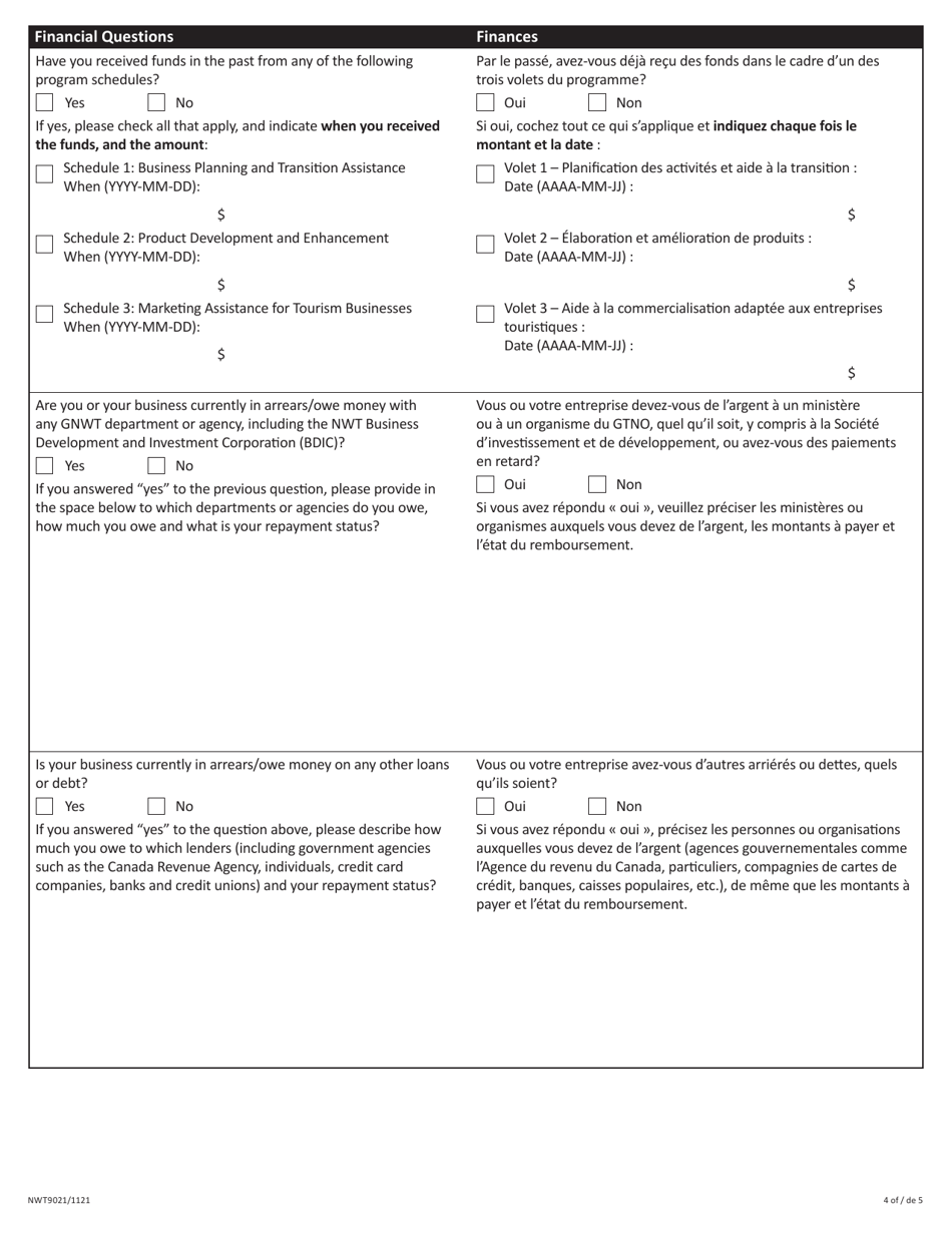 Form NWT9021 Schedule 1 Business Planning and Transition Assistance - Full Proposal - Tourism Product Diversification and Marketing Program - Northwest Territories, Canada (English / French), Page 4
