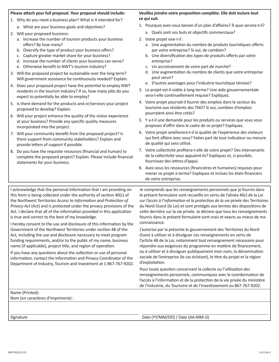 Form NWT9021 Schedule 1 Business Planning and Transition Assistance - Full Proposal - Tourism Product Diversification and Marketing Program - Northwest Territories, Canada (English / French), Page 5