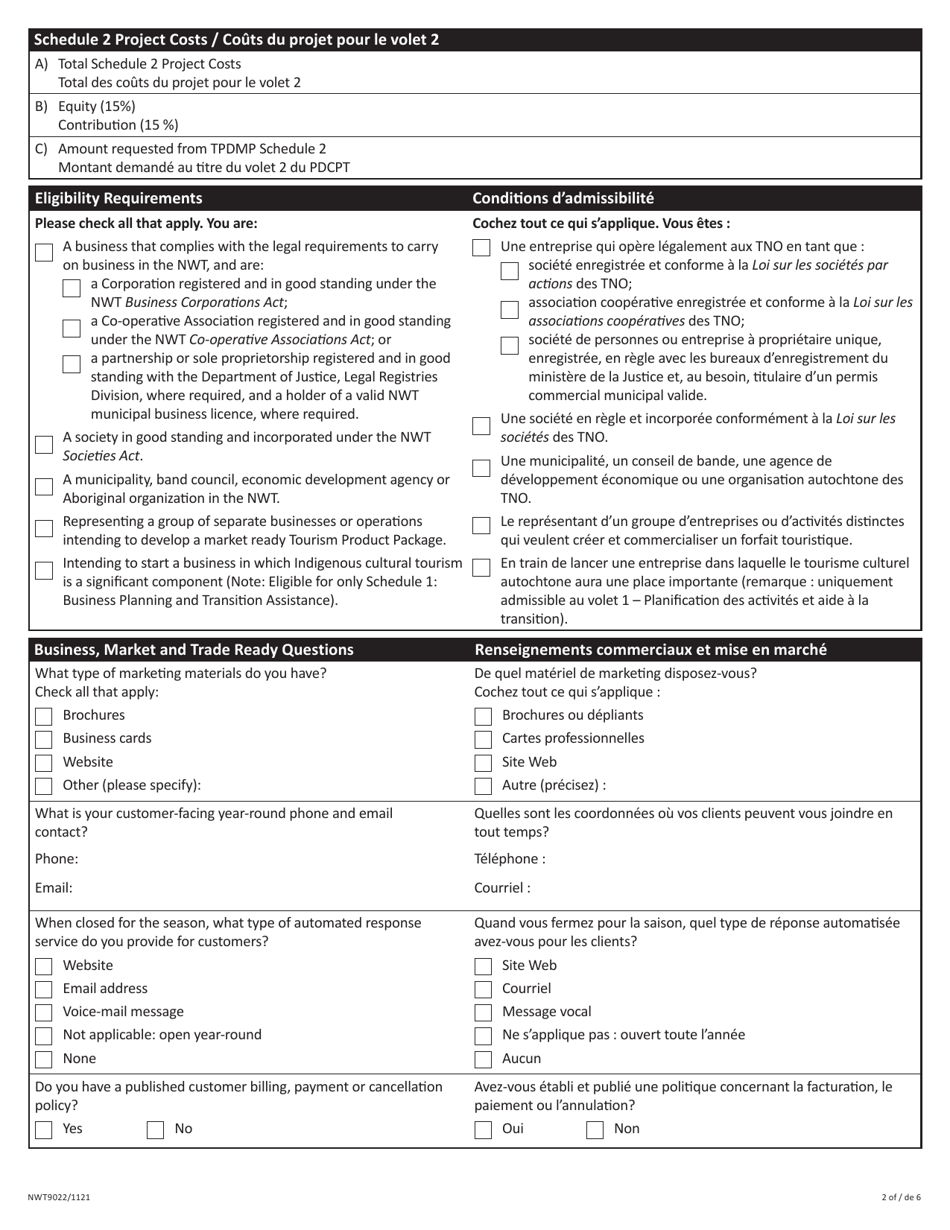 Form NWT9022 Schedule 2 Product Development and Enhancement - Full Proposal - Tourism Product Diversification and Marketing Program - Northwest Territories, Canada (English / French), Page 2