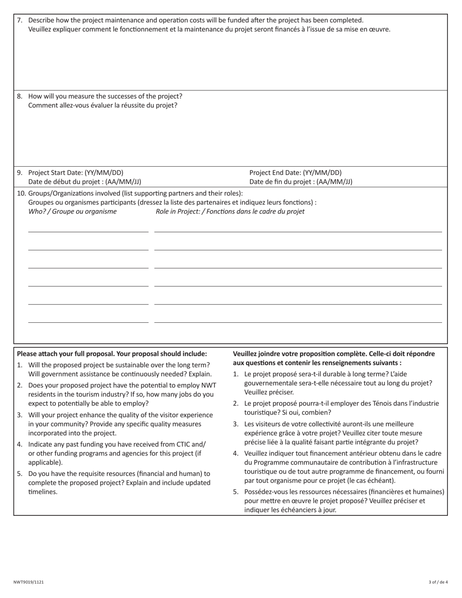 Form NWT9019 Community Tourism Infrastructure Contribution - Full Proposal - Northwest Territories, Canada (English / French), Page 3