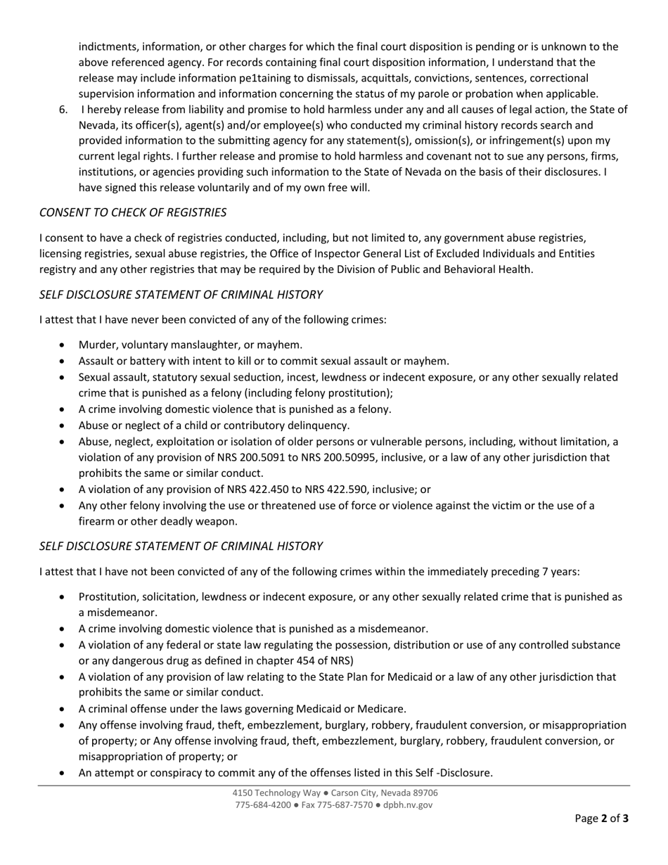 Notice of Noncriminal Justice Applicants Rights, Consents and Self Disclosure of Criminal History - Nevada, Page 2