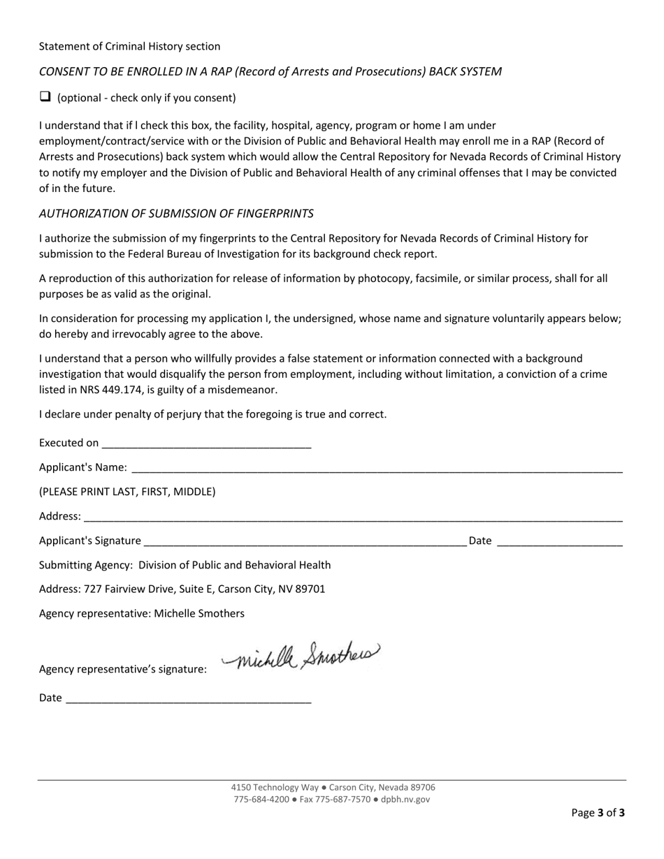 Notice of Noncriminal Justice Applicants Rights, Consents and Self Disclosure of Criminal History - Nevada, Page 3