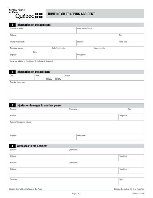 Form W67-01A-2112 Hunting or Trapping Accident Form - Quebec, Canada