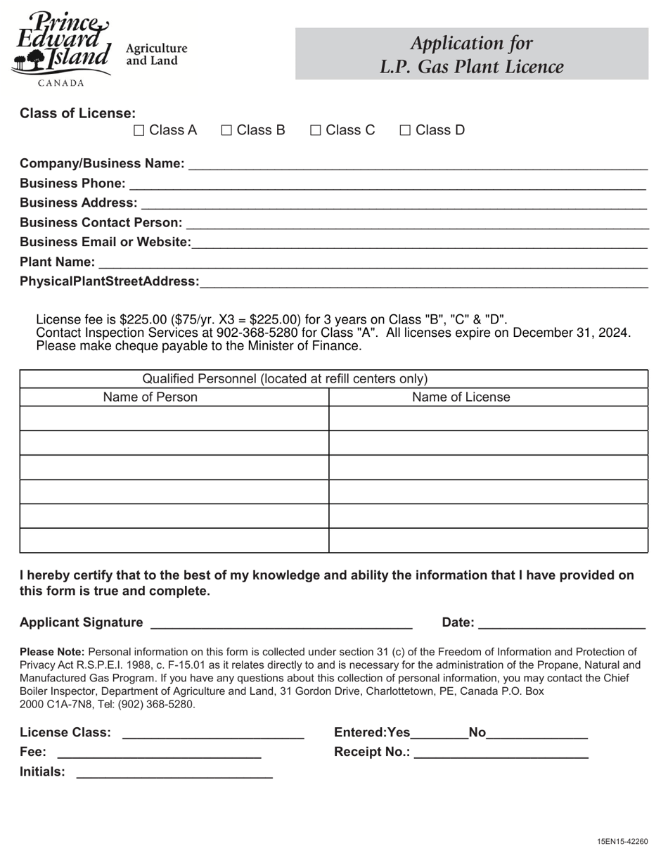 Form 15EN15-42260 Application for L.p. Gas Plant Licence - Prince Edward Island, Canada, Page 1