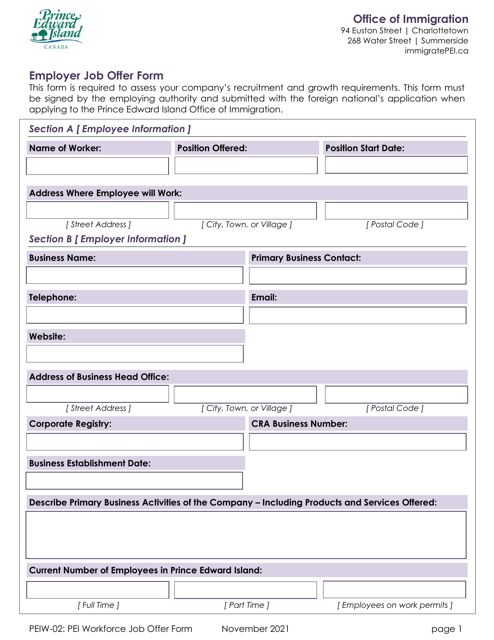 Form PEIW-02 Employer Job Offer Form - Prince Edward Island, Canada