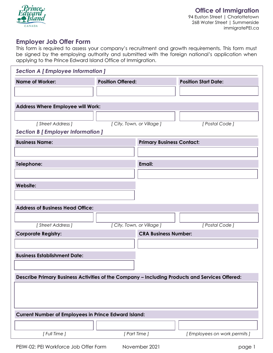 Form PEIW-02 Employer Job Offer Form - Prince Edward Island, Canada, Page 1