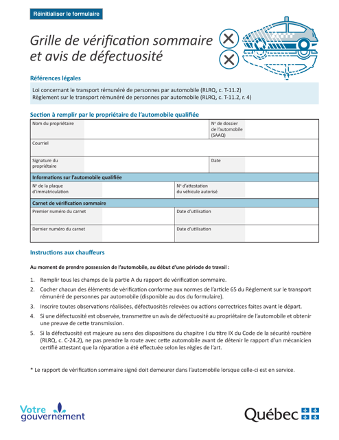 Grille De Verification Sommaire Et Avis De Defectuosite - Quebec, Canada (French) Download Pdf