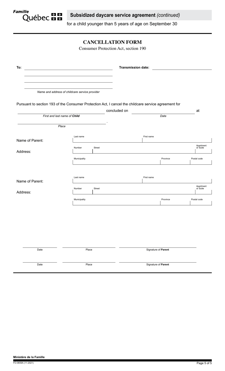 Form FO-0659A Subsidized Daycare Service Agreement - Quebec, Canada, Page 5