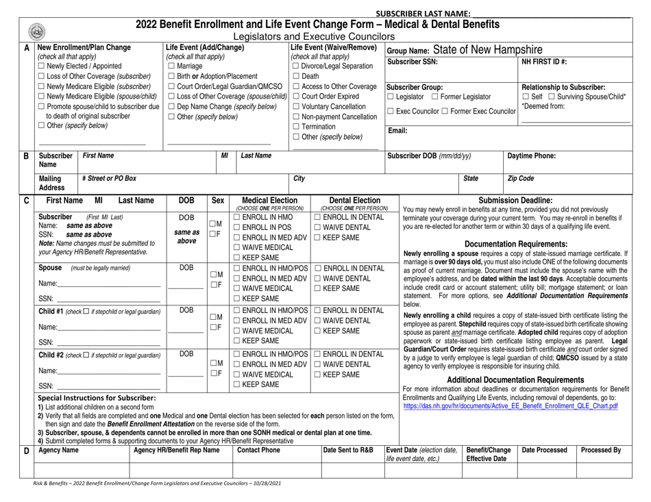 2022 New Hampshire Benefit Enrollment and Life Event Change Form