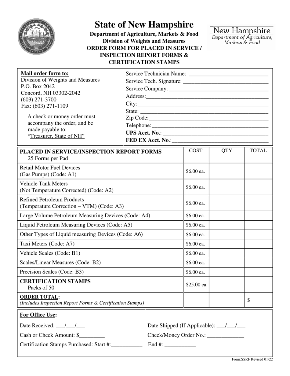 Form SSRF Order Form for Placed in Service / Inspection Report Forms  Certification Stamps - New Hampshire, Page 1