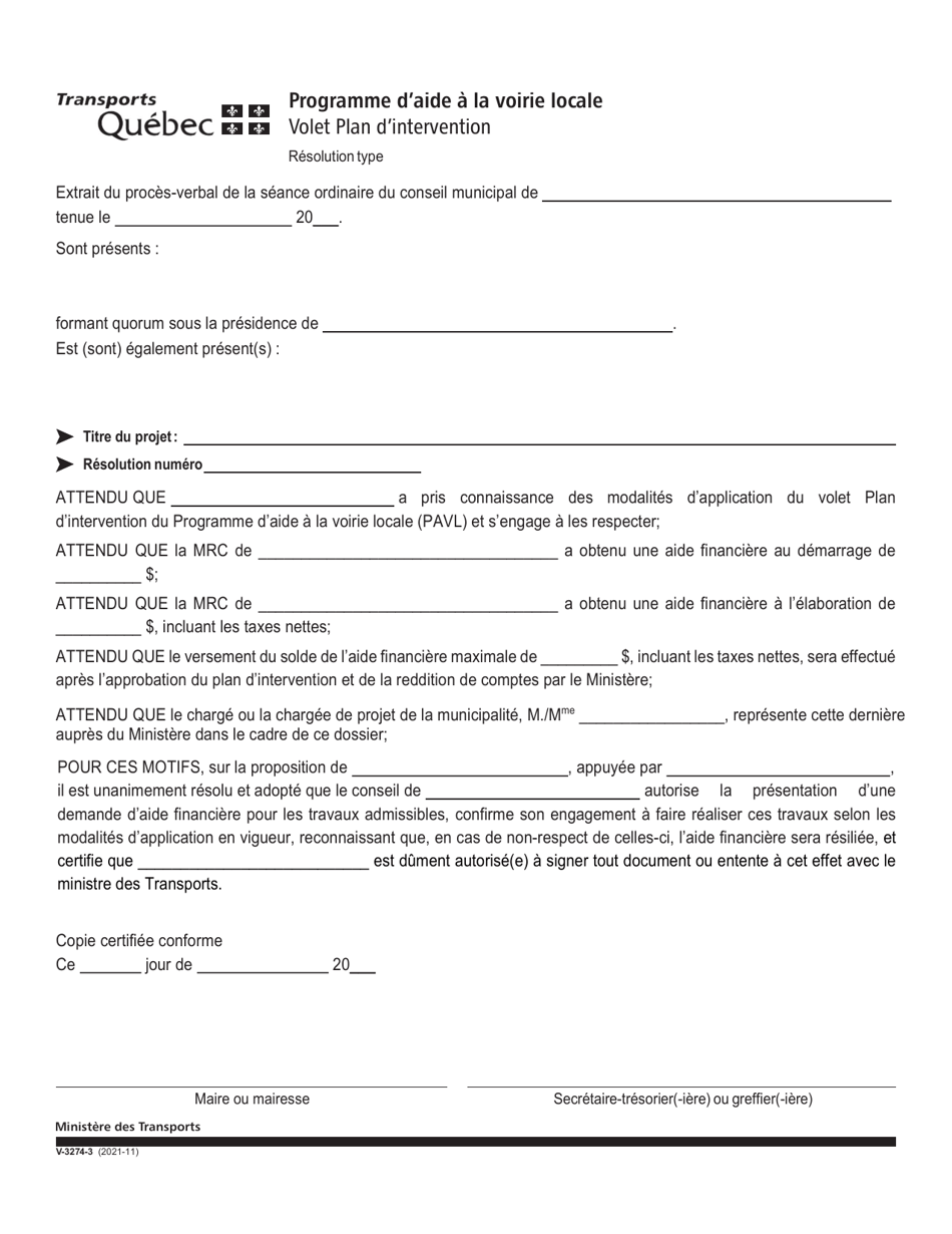 Forme V-3274-3 Resolution Type - Reddition De Comptes - Volet Plan Dintervention - Quebec, Canada (French), Page 1