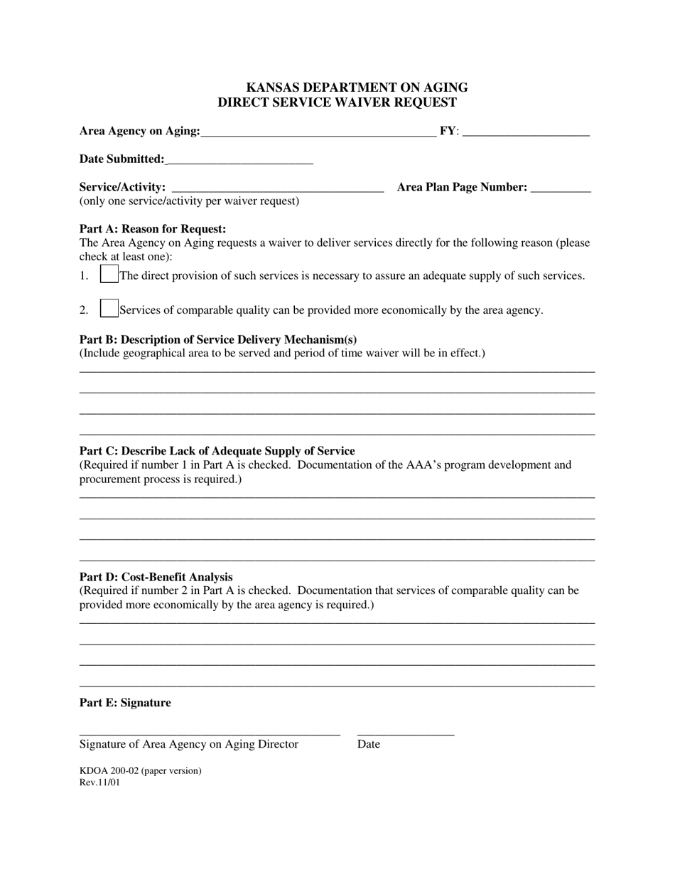Form 200-02 Direct Service Waiver Request - Kansas, Page 1