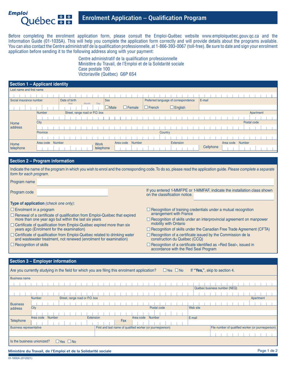 Form 01-1000A Enrolment Application - Qualification Program - Quebec, Canada, Page 1