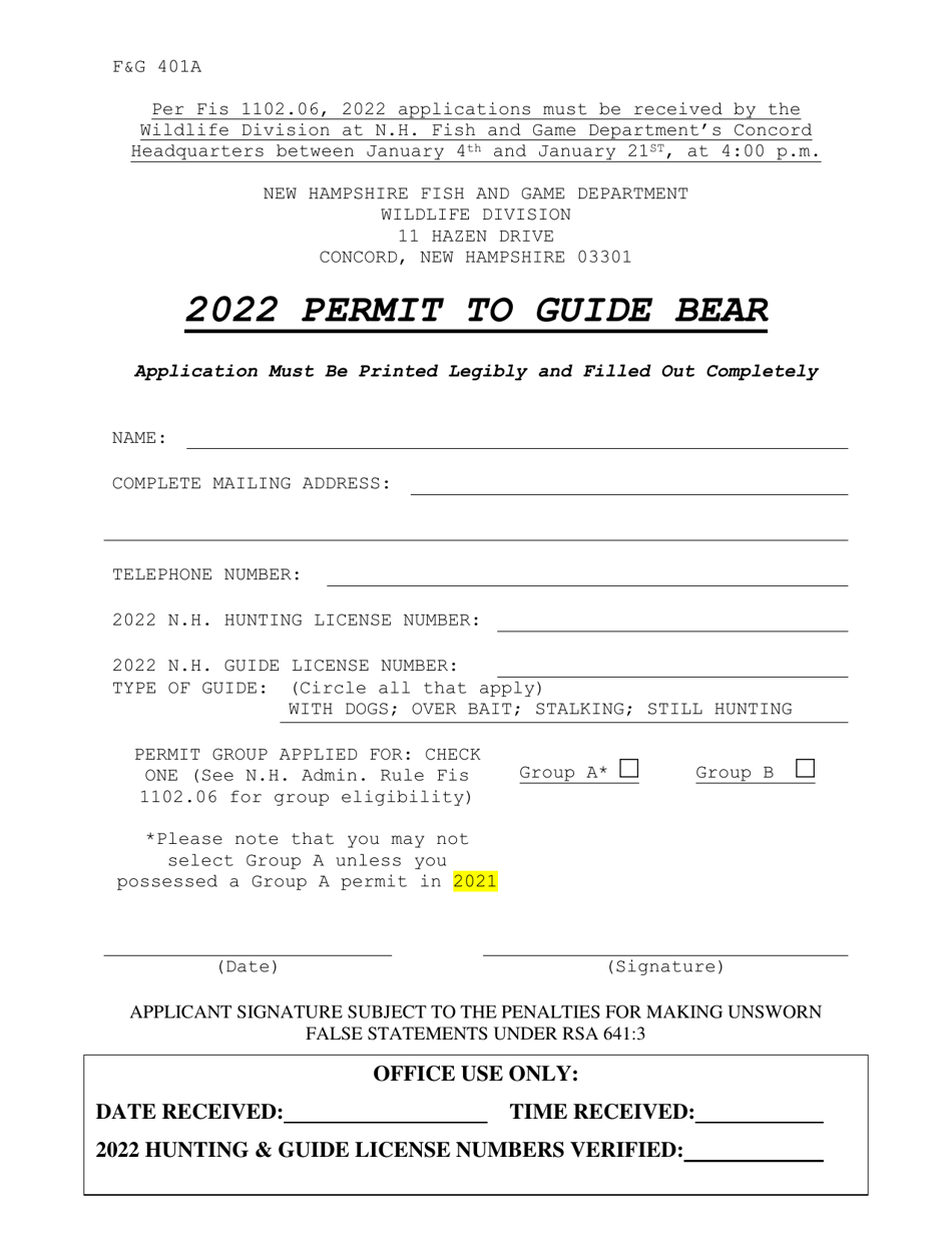 Permit to Guide Bear Application - New Hampshire, Page 1