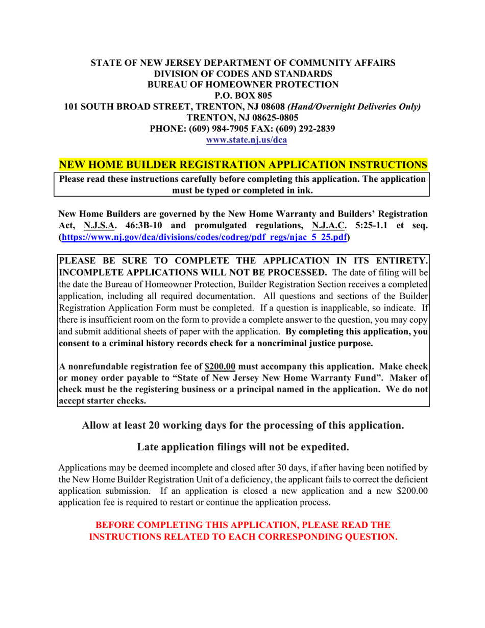 New Home Builder Registration Application - New Jersey, Page 1