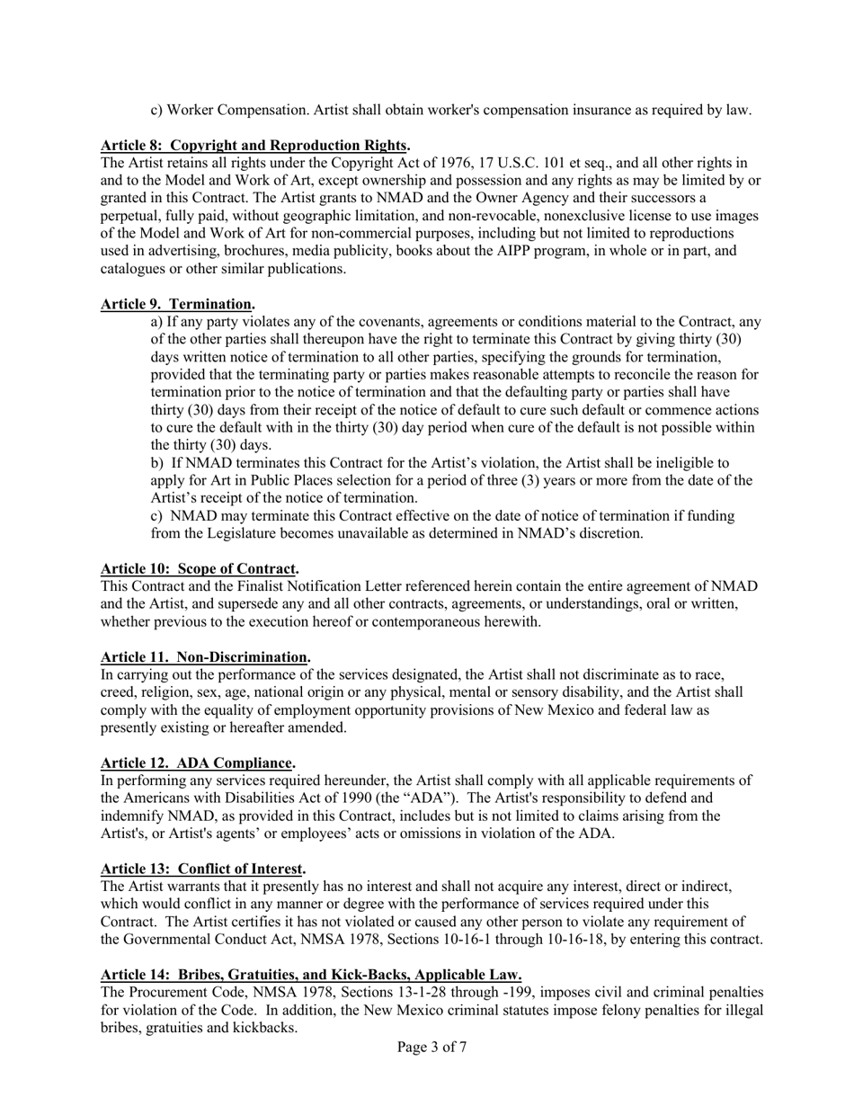 Art in Public Places Finalist Presentation Contract - Sample - New Mexico, Page 3