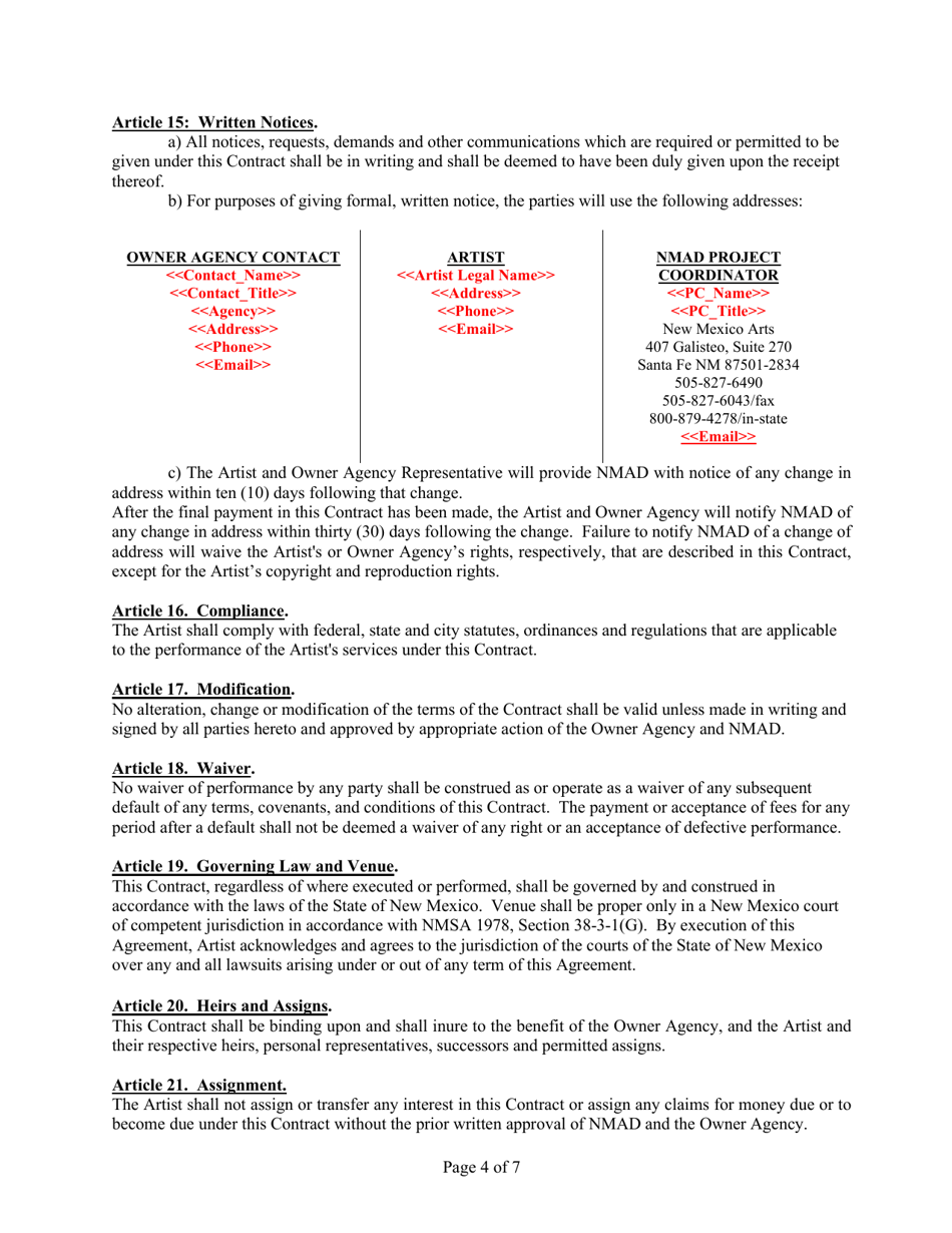 Art in Public Places Finalist Presentation Contract - Sample - New Mexico, Page 4