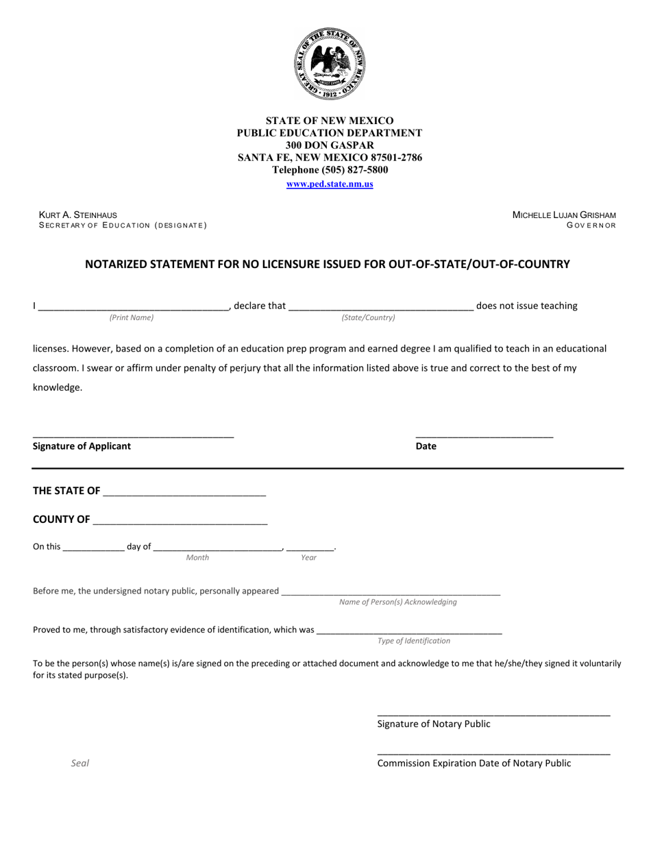 Notarized Statement for No Licensure Issued for Out-of-State / Out-Of-Country - New Mexico, Page 1