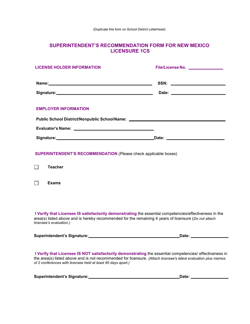 Superintendents Recommendation Form for New Mexico Licensure 1cs - New Mexico, Page 1