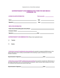 Document preview: Superintendent's Recommendation Form for New Mexico Licensure 1cs - New Mexico