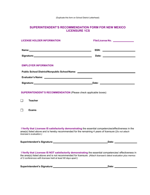 Superintendent's Recommendation Form for New Mexico Licensure 1cs - New Mexico Download Pdf