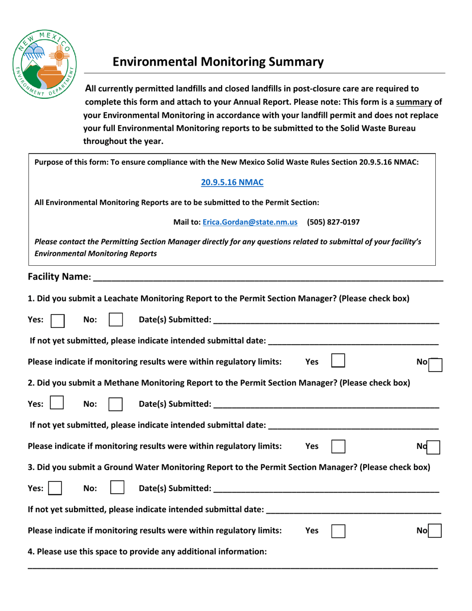 New Mexico Environmental Monitoring Summary Fill Out, Sign Online and Download PDF