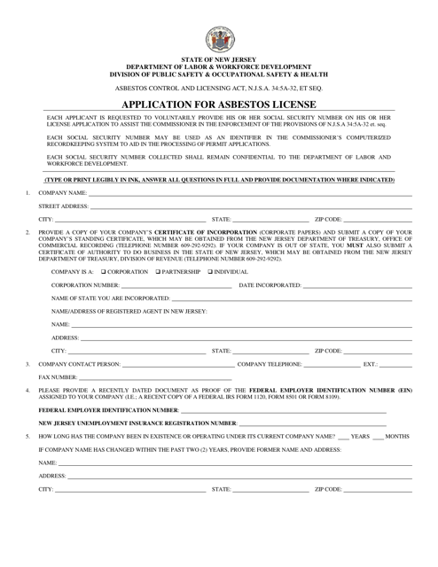 Application for Asbestos License - New Jersey Download Pdf
