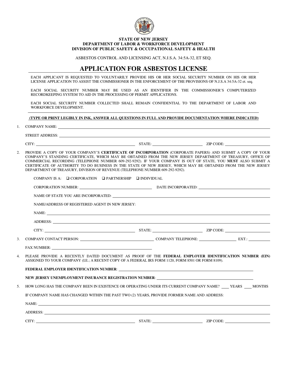 Application for Asbestos License - New Jersey, Page 1