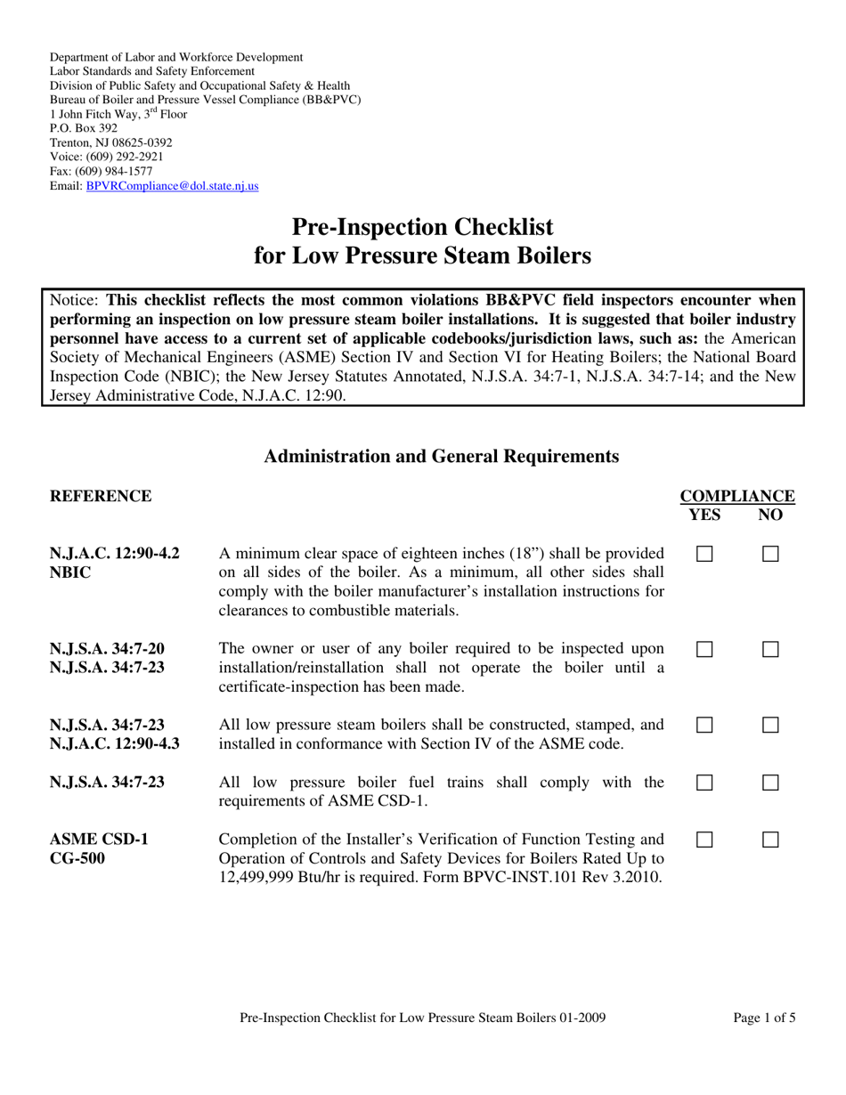 Pre-inspection Checklist for Low Pressure Steam Boilers - New Jersey, Page 1