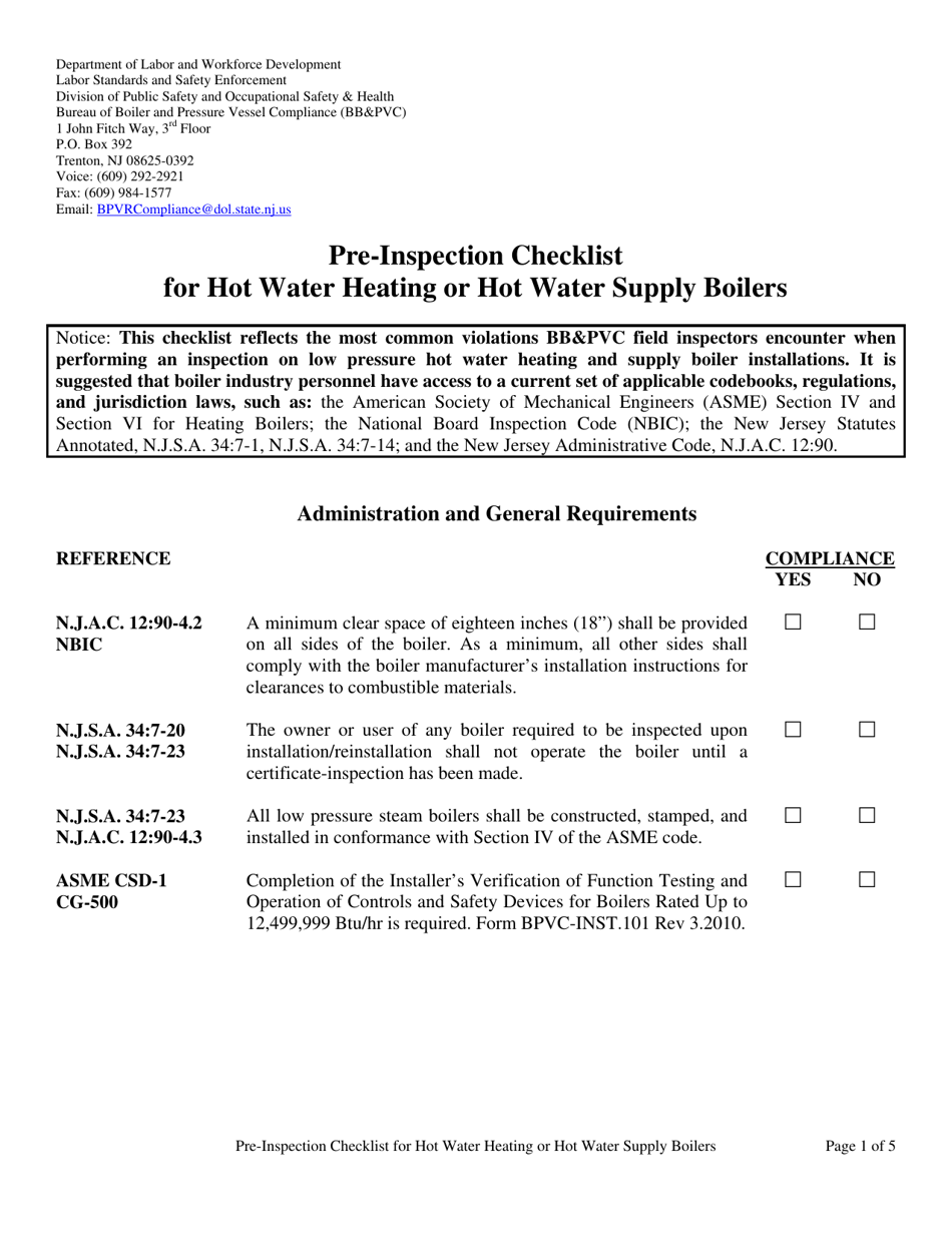 Pre-inspection Checklist for Hot Water Heating or Hot Water Supply Boilers - New Jersey, Page 1