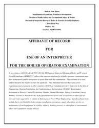 Document preview: Affidavit of Record for Use of an Interpreter for the Boiler Operator Examination - New Jersey