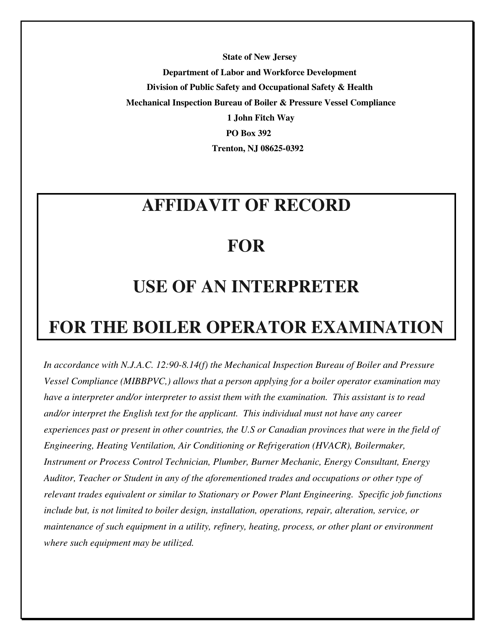 Affidavit of Record for Use of an Interpreter for the Boiler Operator Examination - New Jersey
