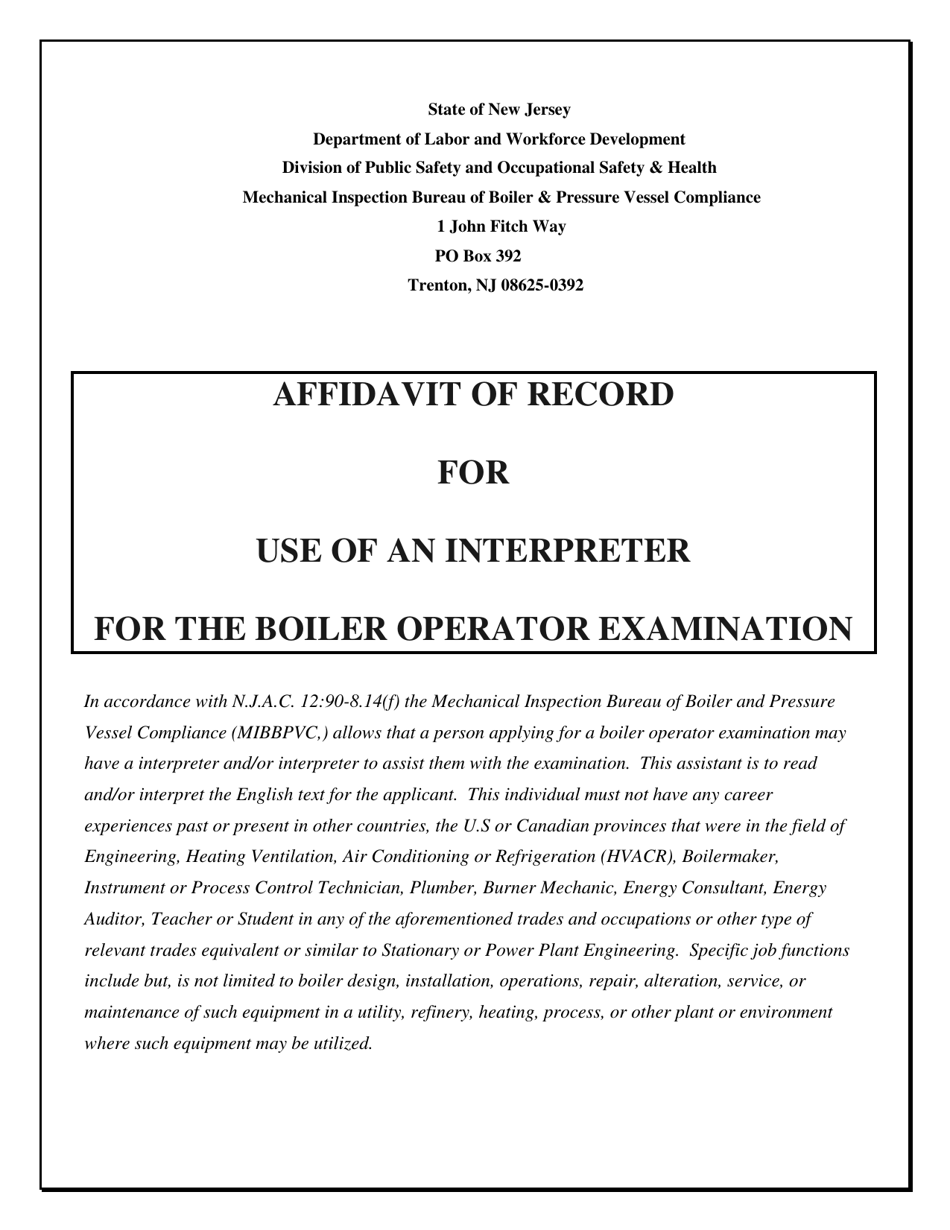 Affidavit of Record for Use of an Interpreter for the Boiler Operator Examination - New Jersey, Page 1