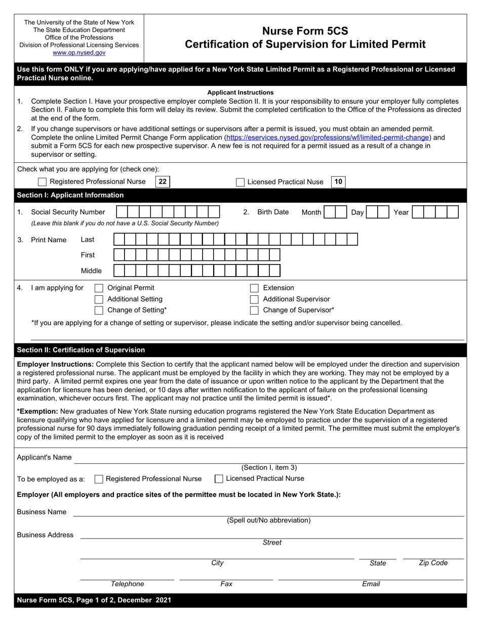Nurse Form 5CS Certification of Supervisor for Limited Permit - New York, Page 1