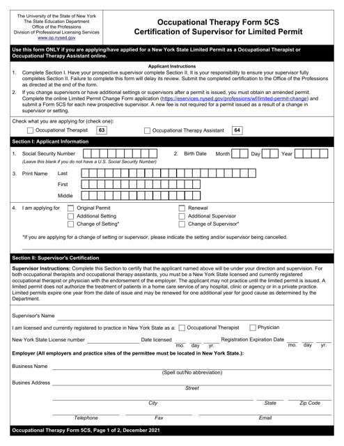 Occupational Therapy Form 5CS Certification of Supervisor for Limited Permit - New York