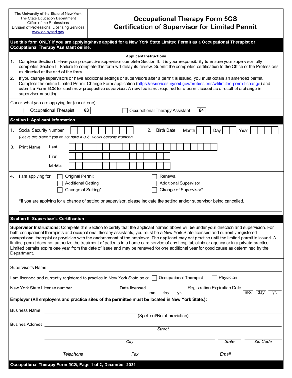 Occupational Therapy Form 5CS Certification of Supervisor for Limited Permit - New York, Page 1