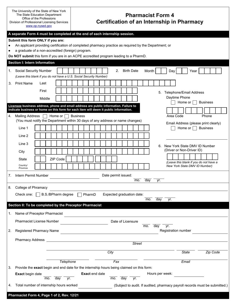 Pharmacist Form 4 Certification of an Internship in Pharmacy - New York, Page 1