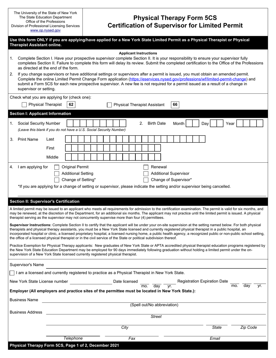 Physical Therapy Form 5CS Certification of Supervisor for Limited Permit - New York, Page 1