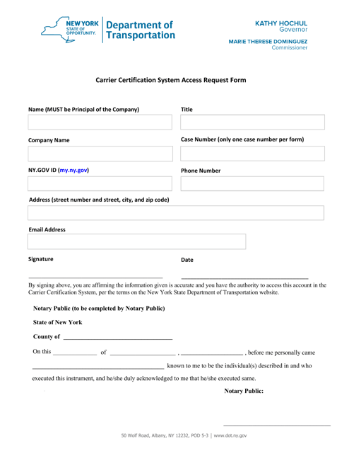 Carrier Certification System Access Request Form - New York Download Pdf