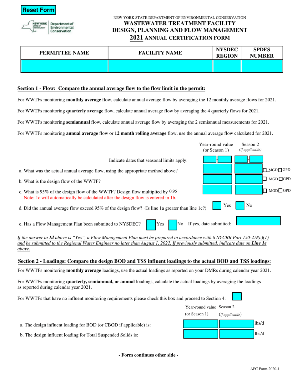 AFC Form 2020-1 Wastewater Treatment Facility Design, Planning and Flow Management Annual Certification Form - New York, Page 1